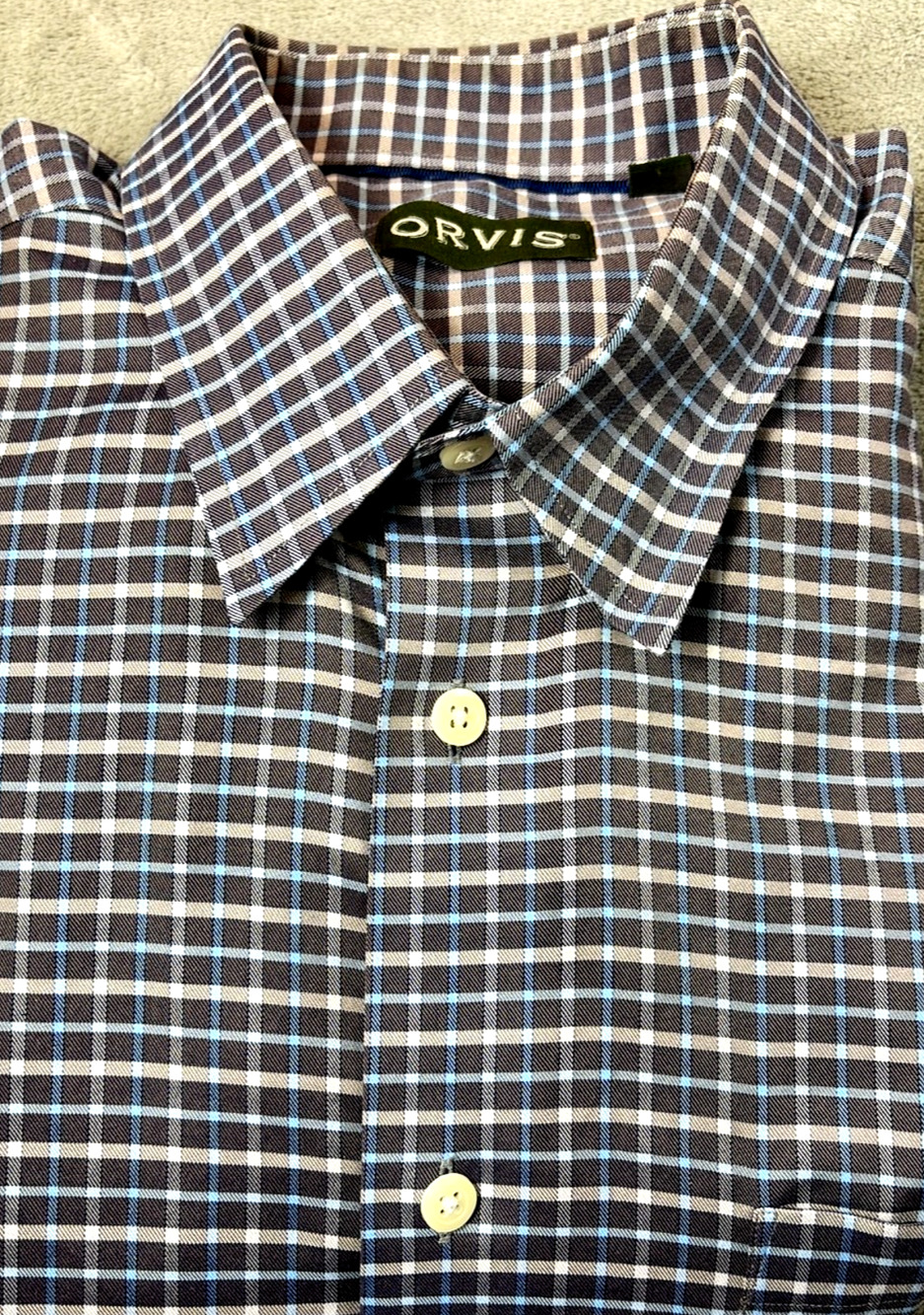 Orvis Button Down Mens XL Brown Gray Blue Check Plaid Long Sleeve Wrinkle Free